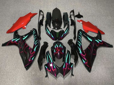 08-10 Rot & Cyan Flamme GSXR 600-750 Motorrad Verkleidung